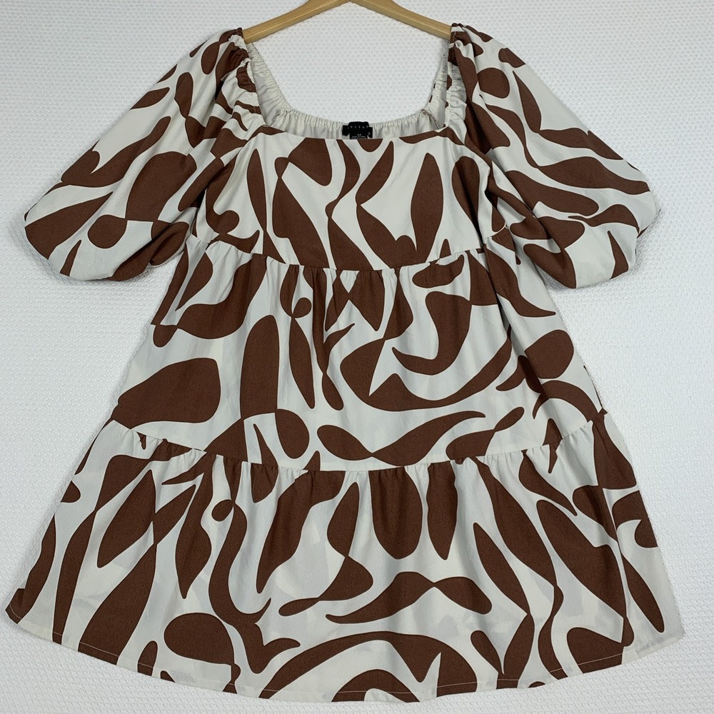 Sanctuary Weekender Tiered Loose Dress Brown Cream Geometric Size M Short Sleeve